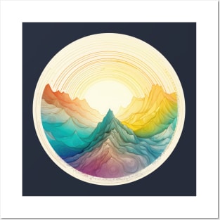 Colorful Mountain Sunrise Line Art Posters and Art